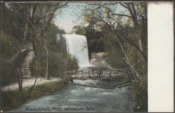 Printed colour postcard showing a view of the Minnehaha Falls at Minneapolis in Minnesota, USA.
Published by Hugh C. Leighton Co, Portland, Maine, No 2011, undivided back, c.1905.
Postally unused, but with short message.
Fairly good condition, with minor corner bumps and some rubbing to edges.