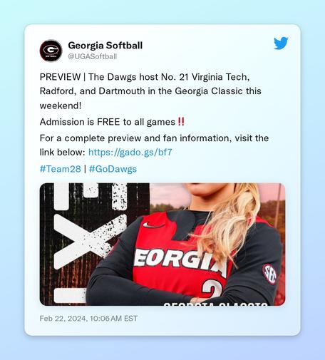 PREVIEW | The Dawgs host No. 21 Virginia Tech, Radford, and Dartmouth in the Georgia Classic this weekend! 

Admission is FREE to all games‼️

For a complete preview and fan information, visit the link below:  https://t.co/dIbAYq6fzw

#Team28 | #GoDawgs https://t.co/veTMsXS8xt