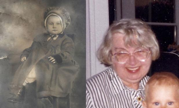 Two photos, side by side.

LEFT: A vintage B&W photo of a toddler girl named Anna Wiersema. She died just shy of her third birthday from the 1918 Flu Pandemic. 

RIGHT: Her sister and my Mother, Lillian, holding a small baby boy. In this photo, Lillian is wearing glasses and a striped short. She is smiling proudly. This photo was probably taken in the early 1960s.