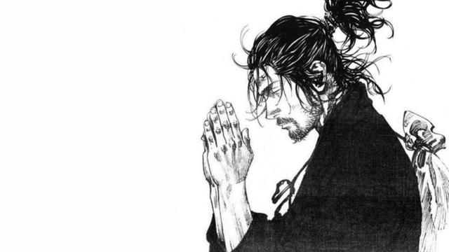 Miyamoto Musashi (manga "Vagabond"), les mains jointes pour prier ou méditer.