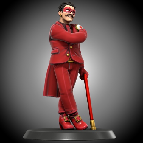 A redesign in Hero Forge of the obscure Cloak & Dagger character, Crimson Daffodil, from Marvel Comics. He's dressed in a crimson suit and tie, a small cape over his left shoulder with a golden broach featuring a red daffodil, a crimson eye mask, and a red-and-gold metal walking cane.