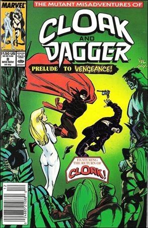 Cover art to The Mutant Misadventures of Cloak and Dagger #8 by Mike Vosburg and Richard Ory depicting the Crimson Daffodil punching out an armed, masked thug in front of Dagger as they're surrounded by various heroes and villains of the Marvel Universe.