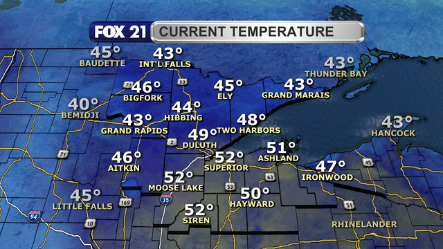 Temperatures in the Northland just before 1:30 p.m. on February 22, 2024 range from 43 to 52 degrees.  The 50s are locations in northwest Wisconsin and the I-35 corridor.