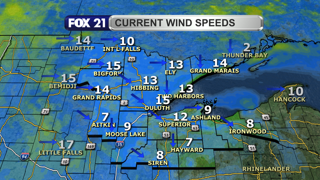 Wind speeds in the Northland just before 1:30 p.m. on February 22, 2024 range from 7 to 15 mph.  Wind direction is from the northwest and west.