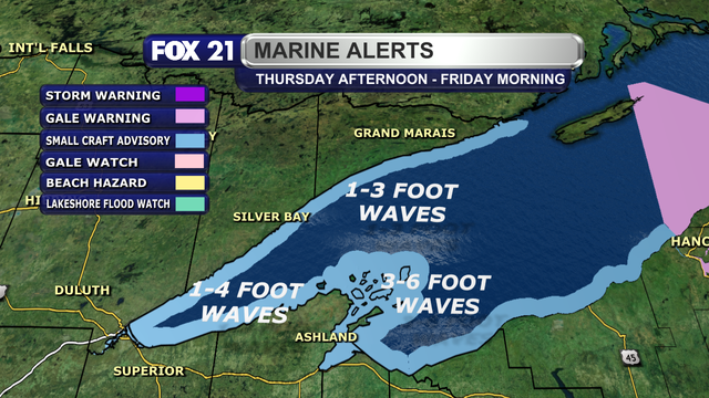 Small Craft Advisory alerts are in place for the entire shoreline of Lake Superior in the Northland, which runs from Thursday afternoon through late Friday morning.  Waves will range from 1 to 6 feet, with the highest expected along the South Shore.