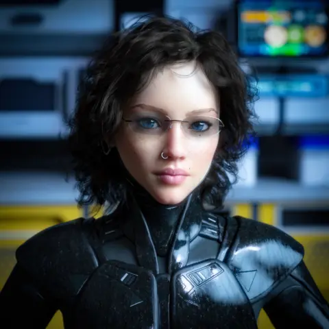 Description partially by ChatGPT:
The image is a 3D render of a female character designed in the style of Shadowrun or Cyberpunk aesthetics. She has a fair complexion with soft freckles across her cheeks and nose, and her eyes are a striking blue, gazing directly at the viewer behind a pair of delicate, rimless glasses. Her hair is short and curly, framing her face with a natural ease.
The character's attire suggests a blend of functionality and style, common in cyberpunk fashion. She wears a high-collared, form-fitting tactical suit with a shiny, textured surface that could be made of some advanced material. The suit includes rigid shoulder pads and is detailed with subtle, utilitarian designs.
She has a small, silver hoop piercing in her nose, adding to the modern, edgy vibe typical of cyberpunk characters. The background consists of blurred technological interfaces and screens, indicating that she may be in a high-tech environment or command center.
The overall impression is of a character who is confident and composed, equipped for a world where digital and physical realms intersect. Her expression is one of calm intelligence, with a hint of underlying intensity.