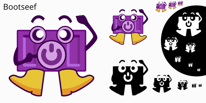 Purple container with cartoon childish eyes, hands, belly power button and yellow boots. His name is Bootseef and he's about to press or take his finger off of that power button. Incidentally, boots now look like a pair of flames from the imaginary jetpack. Power of rebooting gives it speed to proceed faster with updates. While there is the colored mascot demonstrated in multiple sizes, it comes with monochromatic solid black and white representations ready for use on websites and various media.