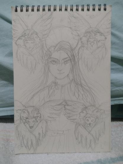 Sketch of character Malpha Ravencroft in Mona Lisa-style pose, surrounded by four small cherubim.