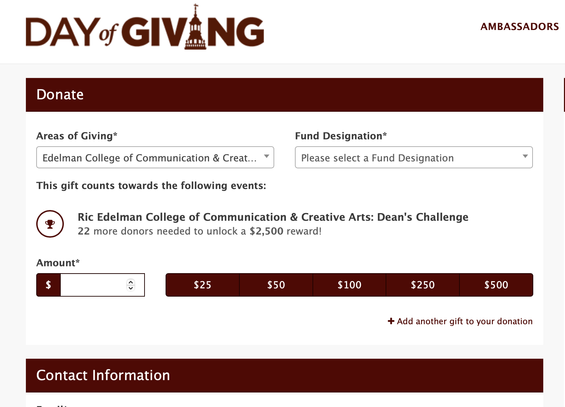 Rowan University South Jersey Day of Giving screenshot of landing page for donations.