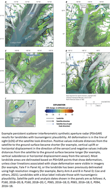 maps - Example persistent scatterer interferometric synthetic aperture radar (PSInSAR) results for landslides with tsunamigenic plausibility. All deformation is in the line of sight (LOS) of the satellite look direction. Positive values indicate distances from the satellite to the ground surface became shorter (for example, vertical uplift or horizontal displacement in the direction of the sensor) and negative values indicate distances from the satellite to the ground surface became longer (for example, vertical subsidence or horizontal displacement away from the sensor). Most landslide areas are delineated based on PSInSAR points that show deformation, unless clear lineations associated with slope deformation were visible in imagery (for example, Yale F in Panel A), or the landslide has been previously delineated using high resolution imagery (for example, Barry Arm A and B in Panel D; Coe and others, 2021). Landslides with a blue label indicate those with tsunamigenic plausibility. Satellite path and analysis dates shown in the panels are as follows: A, P160, 2018–20; B, P160, 2018–20; C, P065, 2016–18; D, P065, 2016–18; E, P094, 2016–18.