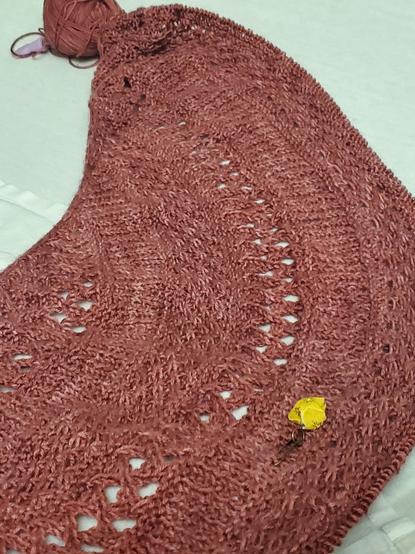 Overhead shot of patterned shawl in process on a circular needle, dusty pink color, eyelet, broken rib and daisy stitches