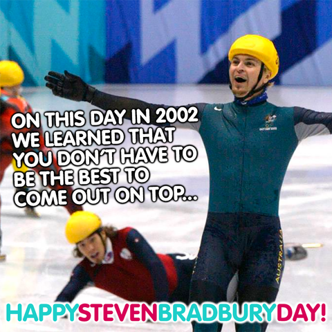 Picture of Steven Bradbury after he crossed the line for Gold
text: On this day in 2002 we learnt that you don't have to be the best to come out on top...
Happy Steven Bradbury Day