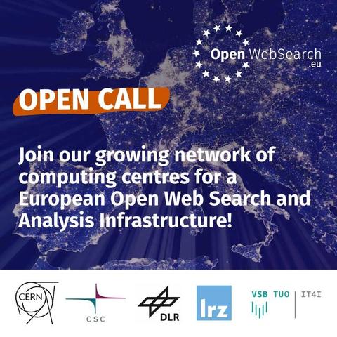 Open Call Key Visual: Join our growing network of computing centres for a European Open Web Search and Analysis Infrastructure.