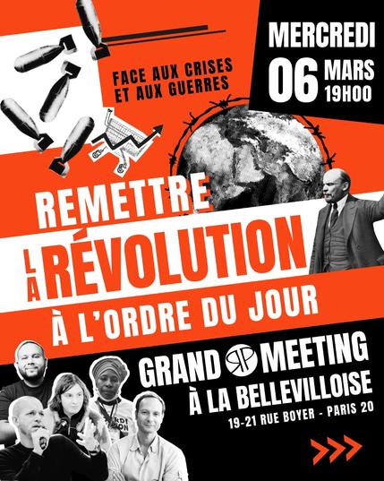 Visuel d’appel.
Les photos des intervenant·e·s, la date, le lieu, le mot d’ordre « Face aux crises et aux guerres, remettre la révolution à l’ordre du jour ».
L’affiche, un photo-montage, mime le collage papier. On voit des bombes en chute libre, un cadie et une flèche symbolisant l’inflation en hausse, une planète Terre entourée d’un fil barbelé, une photographie de Lénine pointant vers un horizon, à droite.