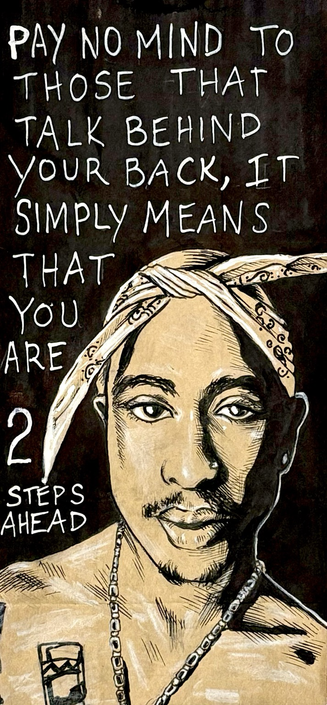 Black and white portrait drawing of 2 Pac on a brown paper bag