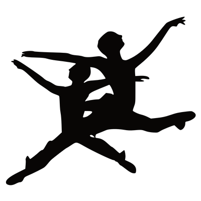 zwei schwarze Figuren auf weißem Hintergrund
beide Figuren befinden sich im Sprung, die Beine sind nach vorne und hinten weggestreckt, eben so die Arme. Die vordere Figur springt nach rechts, die hintere nach links