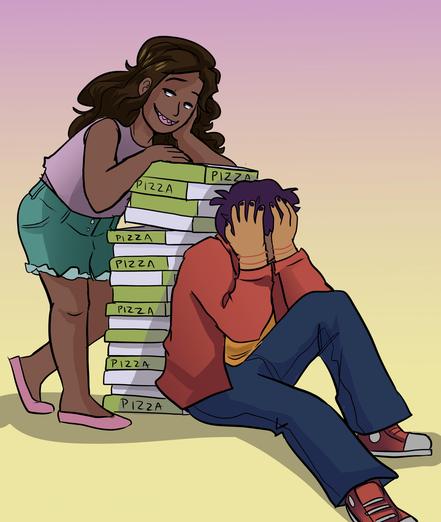 Levia and Shay from the webcomic Joys. Levia leans on a tall stack of pizza boxes with a snarky smiling expression. Shay sits at its base with his head in his hands with an exasperated expression.