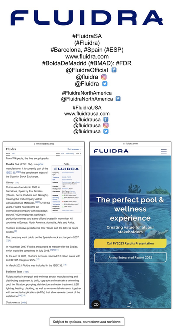 Logo and company information for Fluidra S.A. (Barcelona, Spain).
