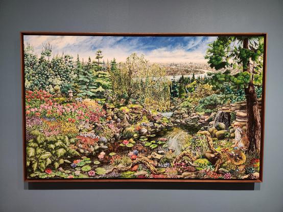 Photo of a lush landscape painting of acrylic liner and enamel on aluminum.  We see a gardener under a tree on the right side of the painting, with fantastical plants and animals in the foreground all the way to the river Thames with the London skyline in the background. Lots of colorful textures and minute details throughout.
