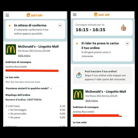 Ordine su JustEat di McToast