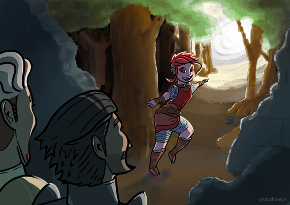 Nimona is running through a crack in the wall while turning to beckon at Ballister and Ambrosius. She's pointing to a bright spot beyond the woods surrounding the wall.