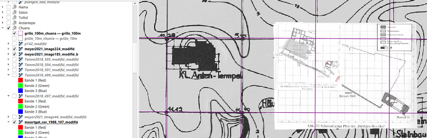 Interface of QGIS with several layers of archaeological plans from Tell Chuera excavation. Superposition of a recent plan of the sacred area on a 1988 topographic plan.