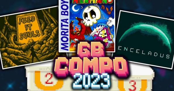 gbcompo2023 text with picture "feed it souls", "hermano", "enceladus" game title image