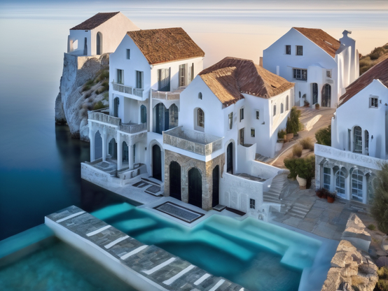 A seaside village with white buildings and terracotta roofs. A portion of the ocean is walled off to create a saltwater pool, with separated shallow and deep sides.