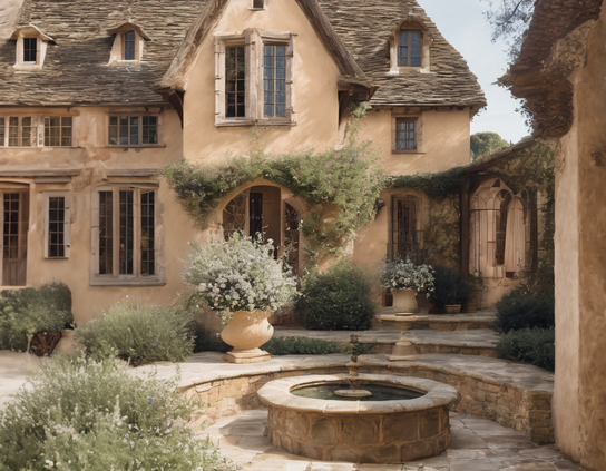 A cottage with ivy, a frog fountain, and a stone pathway surrounded by flowers in a sunlit garden.