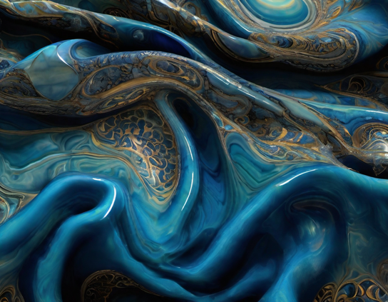 A melted and fused swirling blue and gold mineral formation, accented with intricate metallic designs.