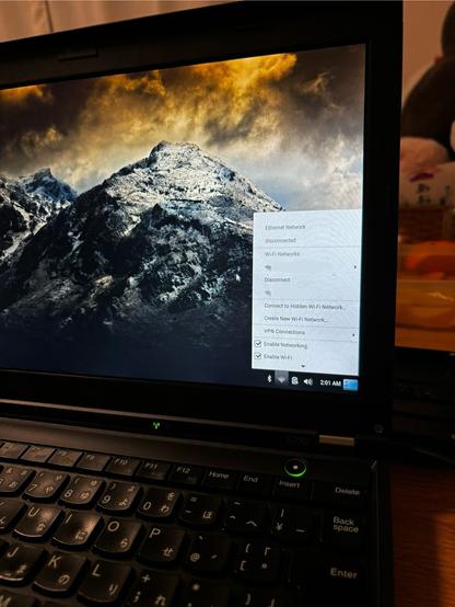 A picture of a laptop running the Trisquel 11 Linux distribution. On the bottom right corner, a white pop-up window shows up the WiFi settings for the device.
