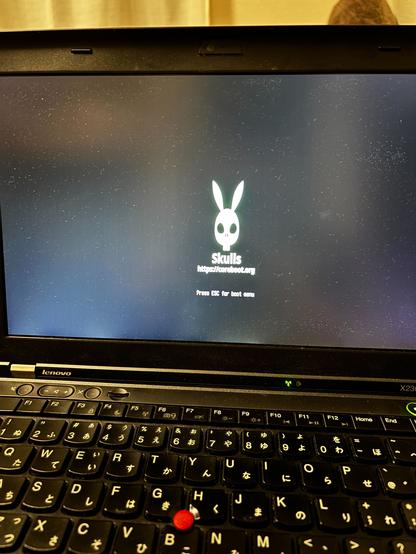 A picture of a laptop boot splash screen. The splash screen shows the name "Skulls", an URL to the coreboot website and a stylized drawing of the skull of a rabbit.