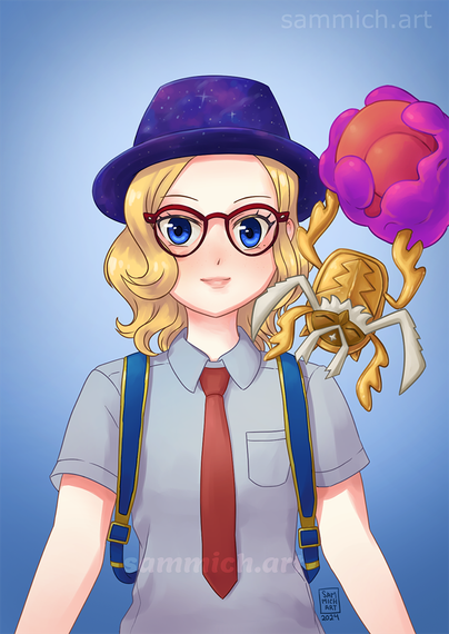 A female pokemon trainer staring at the viewer.  A shiny golden Rabsca sits on her left shoulder.