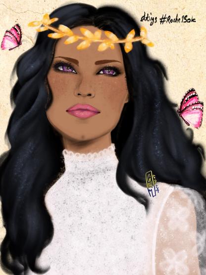 Dessin - portrait d’une femme à la peau mate, aux yeux violets qui regardent vers le haut et aux longs cheveux noirs ondulés. Elle porte un haut blanc en dentelle avec des manches bouffantes en fine dentelle translucide. Elle est coiffée d’une couronne de lauriers dorée. Deux papillons roses lui tournent autour.