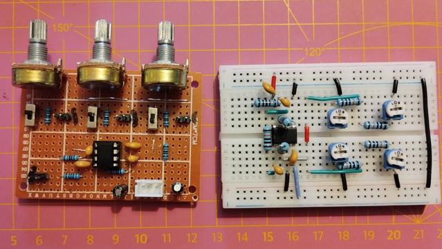 comparison of the finished board and the prototype on the solderless breadboard (which has four inputs)