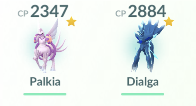 Origin Palkia and Origin Dialga in my Pokemon collection on Pokemon Go