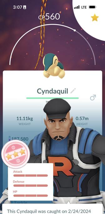 Screenshot from Pokémon GO showing a Cyndaquil with its stats, a Team Rocket character, and an interface displaying combat power and date of capture. Perfect IVs.