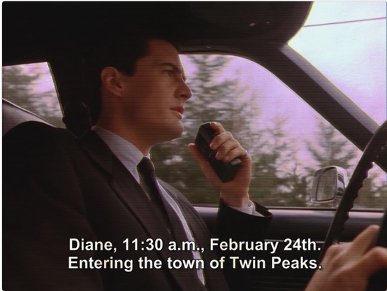 Picture of Kyle MacLachlan from Twin Peaks. Diane, 11:30., February 24th. Entering the Town of Twin Peaks.