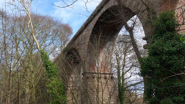 A many arched railway viaduct stretching across diagonally from top right to bottom left across a wooded valley. Trees are all around, and a white/blue sky is behind it.