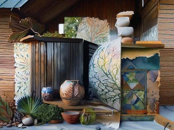 A back yard nook with a collection of decorative pots and succulent plants, on wooden shelves, with patterned textiles.