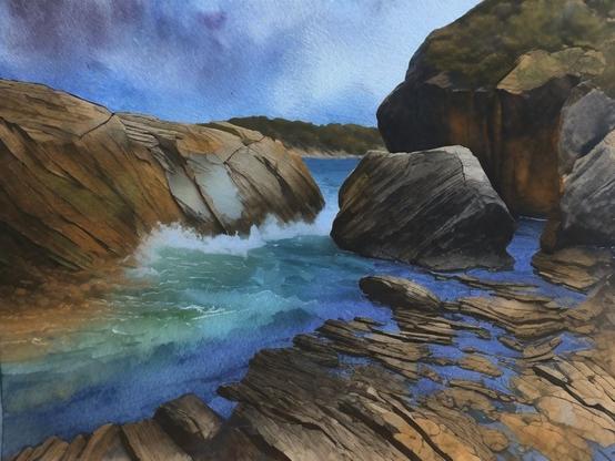 A narrow coastal inlet, bordered by rugged cliffs, where intense turquoise waves break against layered rock formations. Watercolor style.