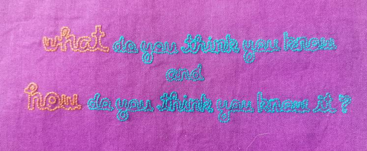 embroidery on violet background.
It says "what do you think you know and how do you think you know it?"

Line breaks are after the first "know" and after "and" so that the 2 questions are each in one line.

The "what" and "how" are embroidered in a bright orange and the font is bigger than the rest. The rest is embroidered in turquoise. The two "think" are slightly more pronounced due to using 3 strands of thread instead of 2 like the rest of the turquoise. The font is a curvy bold one and the embroidery is only on the outlines, so that the letters aren't filled in.