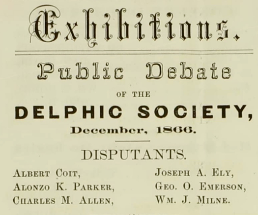 Delphic Society Public Debate Ad from 1866.