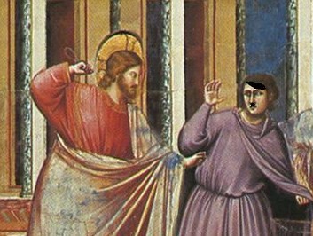 Ausschnitt aus dem Fresco "Vertreibung der Geldwechsel aus dem Tempel" von Giotto. Jesus erhebt die Faust gegen eine Person, die hier mit Scheitel und Nasenbart als Hitler-Nazi persifliert wird