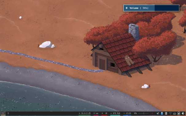 Empty desktop, showing the wallpaper and a "volume" popup with progress bar created with a patched copy of dunst.