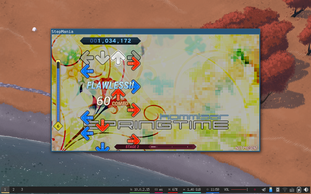 Desktop screenshot with a window open running the "StepMania" 4-arrow rhythm game, playing a builtin song titled "springtime" by "hommisar".