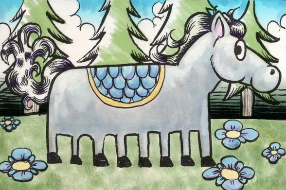 Cartoon Sleipnir, the eight legged horse, in a meadow with blue flowers in front of some pine trees.