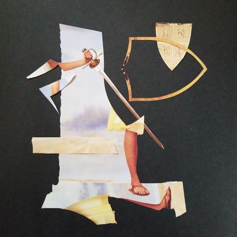 An abstract collage on black paper using snippets of sky, yellow fabric and sand, a woman's arm holding a rapier, her legs in sandals, and a deconstructed golden shield.