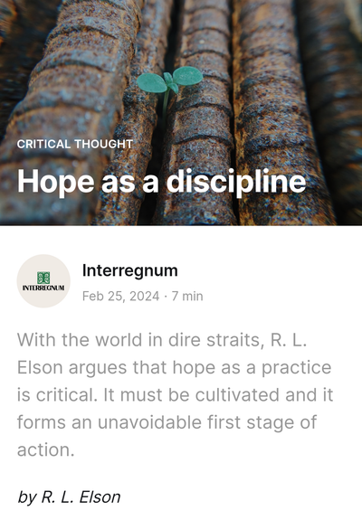 interregnum.ghost.io article 'hope as a discipline' article. A leaf grows through rusty metal. With the world in dire straits, R L Elson argues that hope as a practice is critical. It must be cultivated and forms an unavoidable first stage of action.