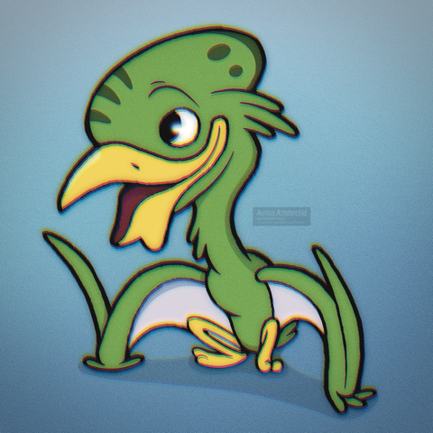 A cartoon Eopteranodon yixianensis sitting down with its arms standing out to the side, and its wing fingers curved forward